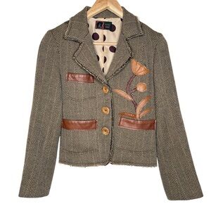 Bob Marley Wool Herringbone Blazer with Brown Leather Accents sz 4